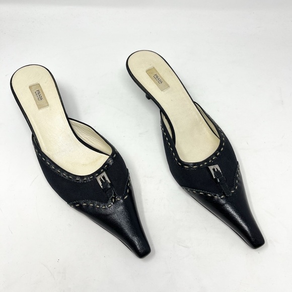 Prada Shoes - Vintage Prada Mule Heel black Leather and Canvas Buckle Pointed Toe size 37
